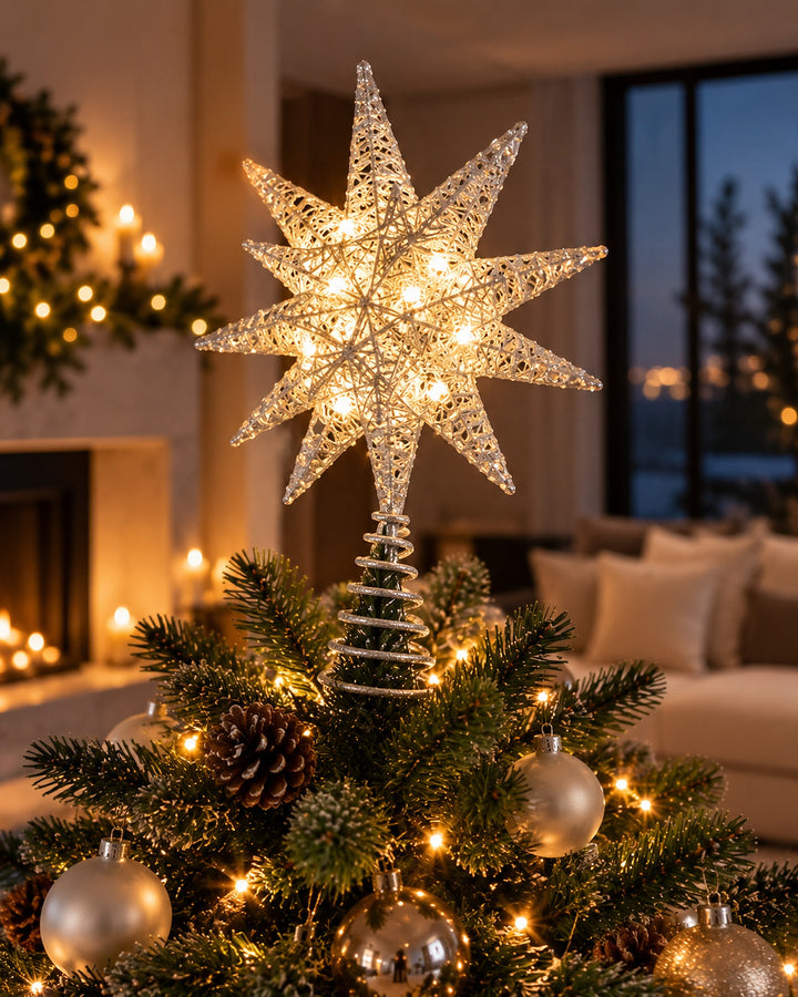 Lighted 3D silver star on top of a Christmas tree with gold ornaments and warm lights