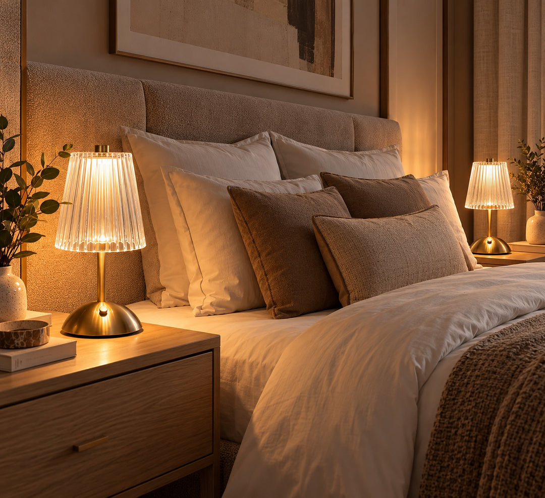 Pair of cordless ribbed glass table lamps glowing on both nightstands of a cozy bed