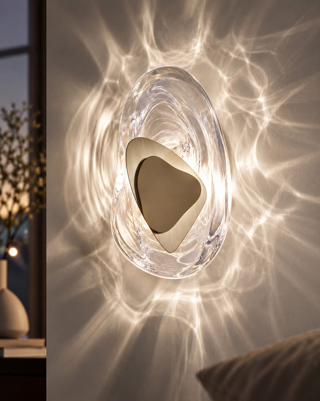 Close-up of the gold Ripple glass wall light casting bright water-like reflections on the wall