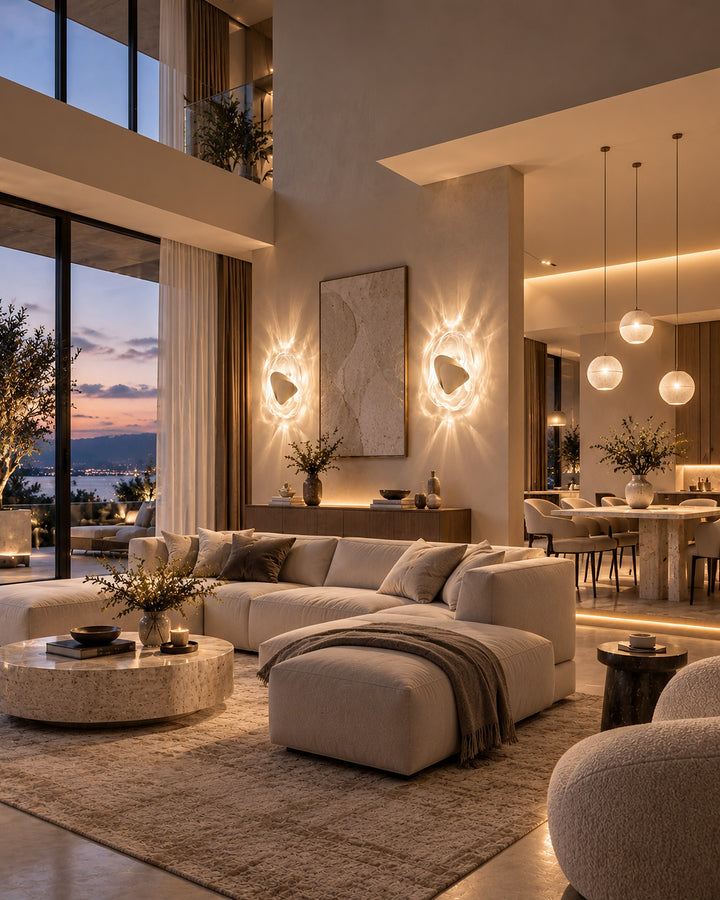 Gold Ripple glass wall light glowing in a spacious living room with a view