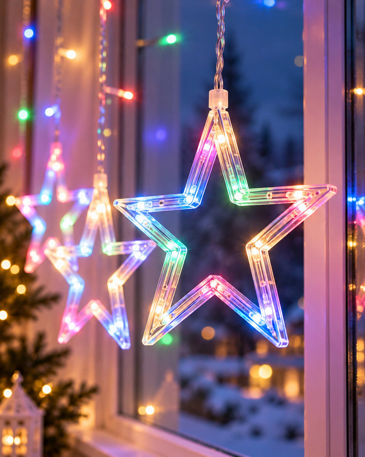 Close-up of multicolor LED star lights hanging in a window with snowy trees outside
