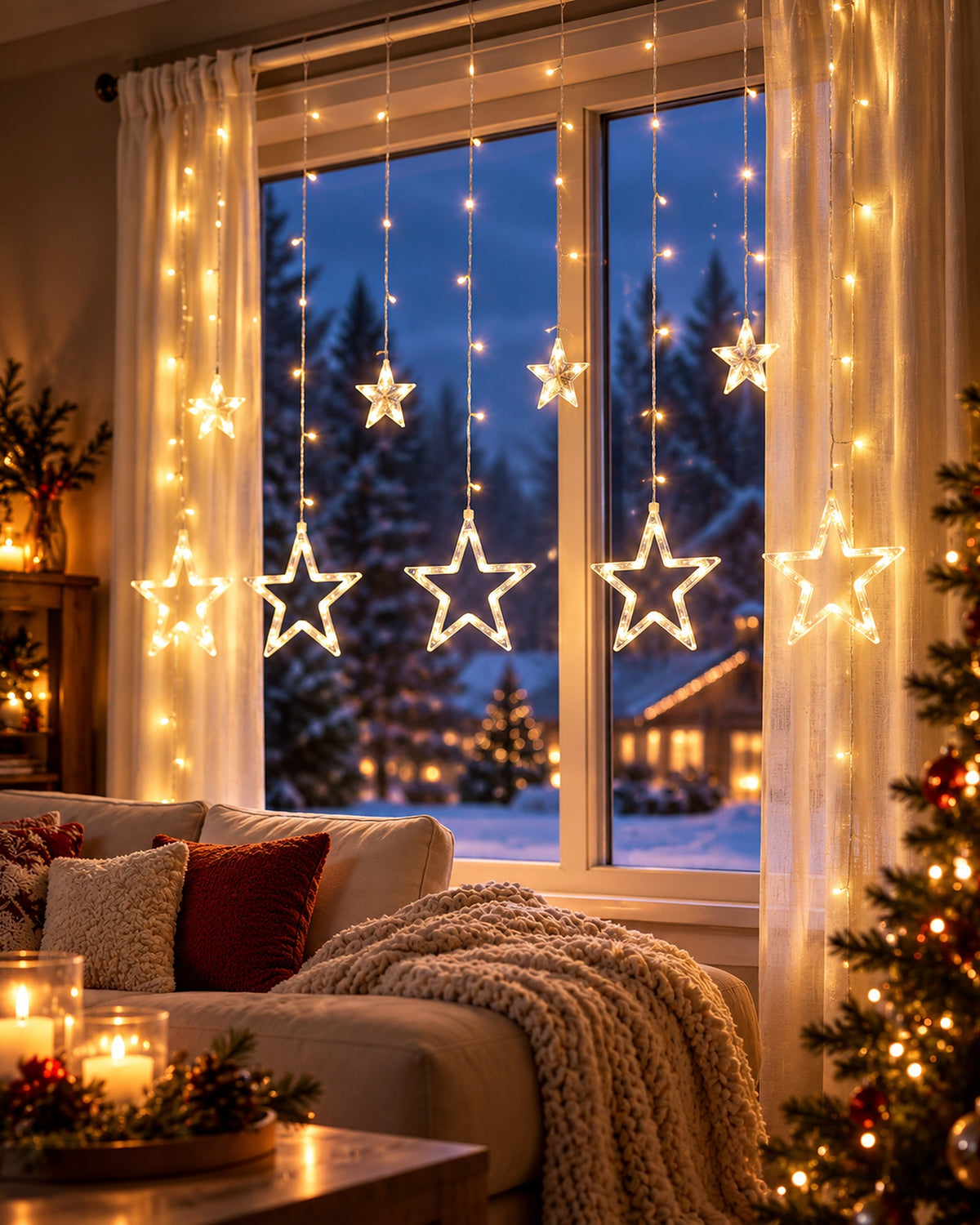 Warm white star curtain lights glowing in a living room window on a snowy Christmas night