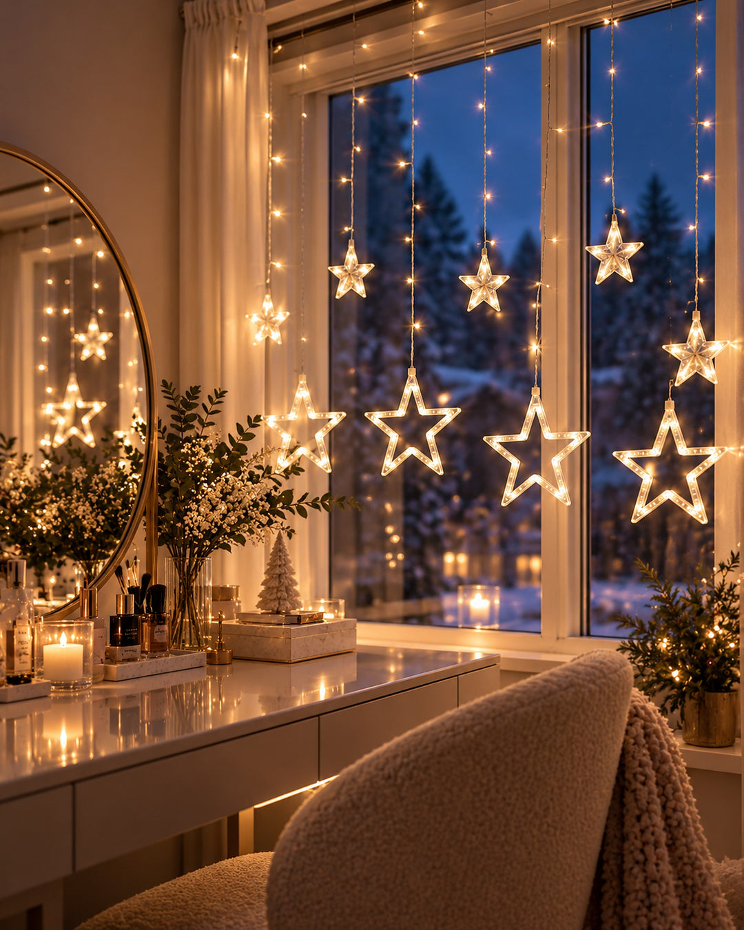 Warm white LED star curtain lights in a window beside a vanity and round mirror