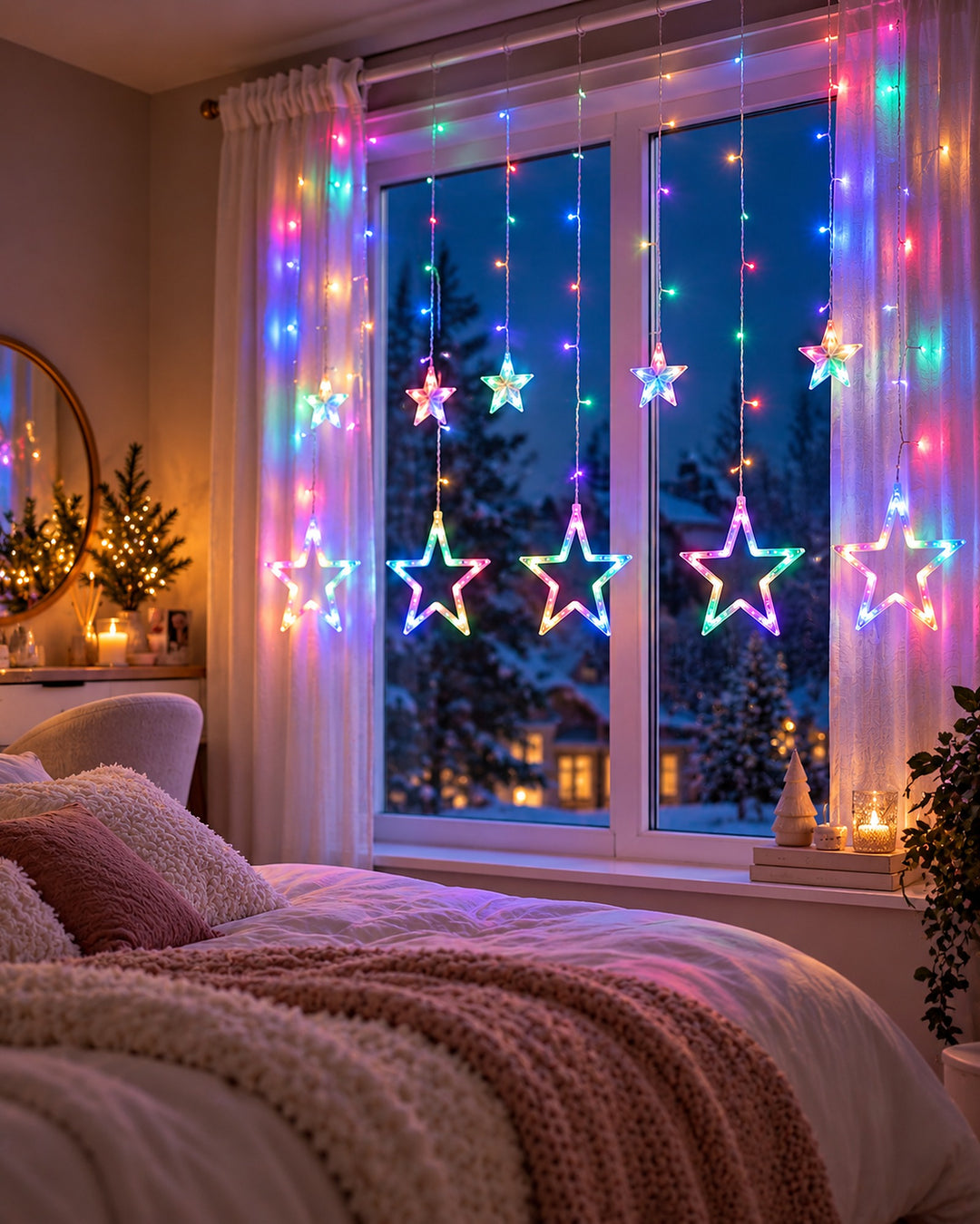 Multicolor star curtain lights brightening a bedroom window with soft pink bedding