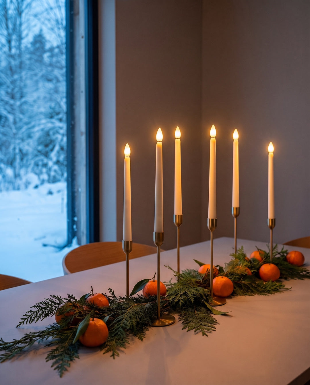 Six ivory flameless taper candles lit on a Christmas Eve dinner table with cedar and clementines