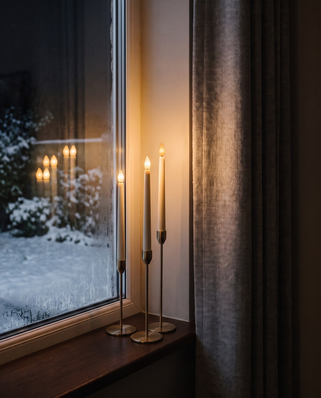 Three ivory flameless taper candles glowing on a window sill at night
