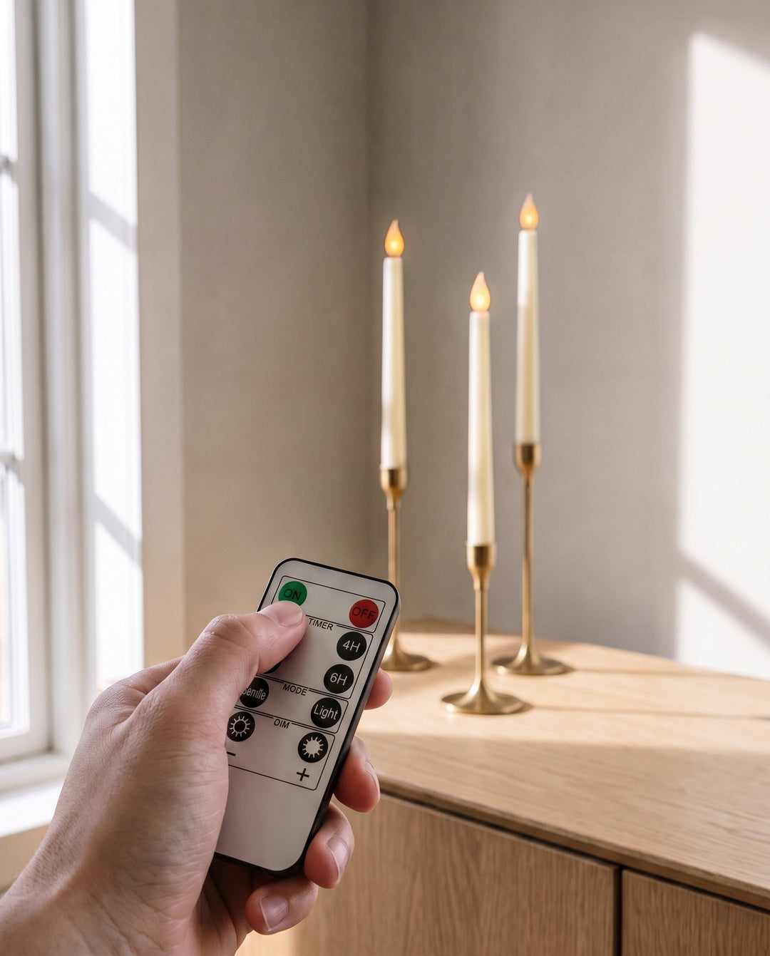 Remote control with timer held in front of lit ivory flameless taper candles