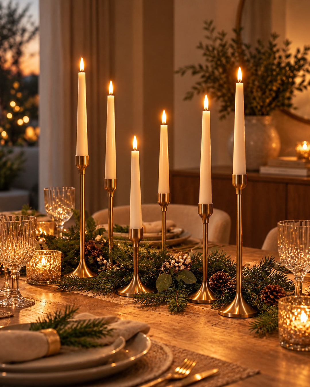 Six flameless taper candles lit on a Christmas dinner table with crystal glasses and greenery