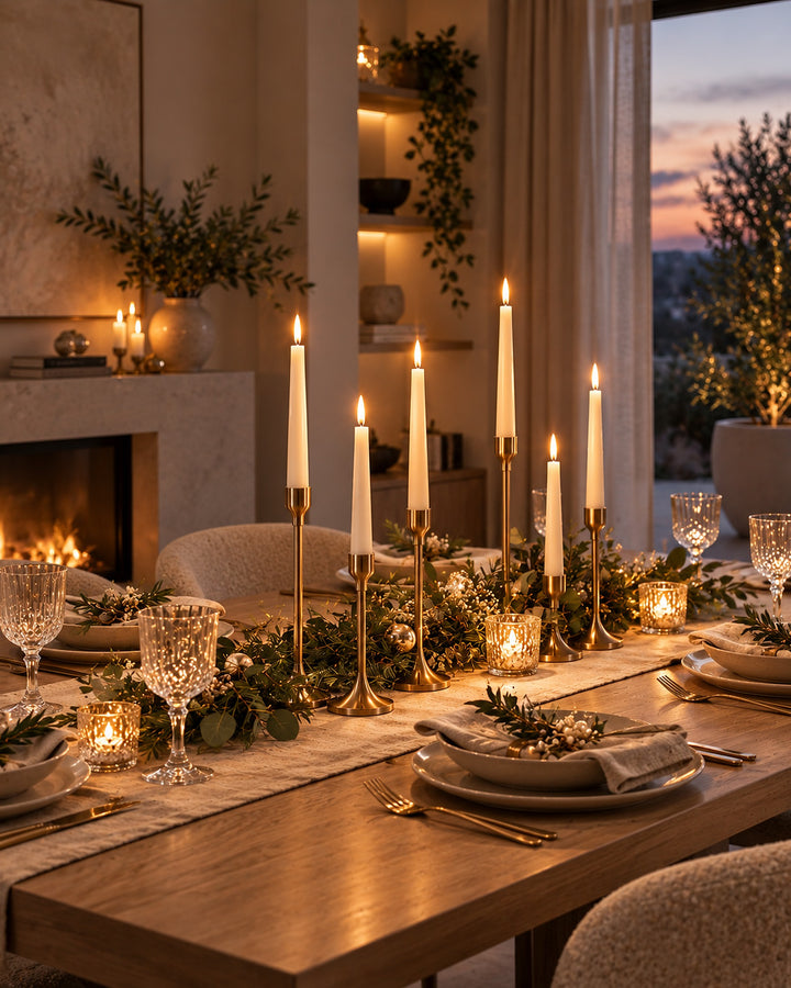 Ivory flameless LED taper candles glowing along a holiday dinner table beside a fireplace